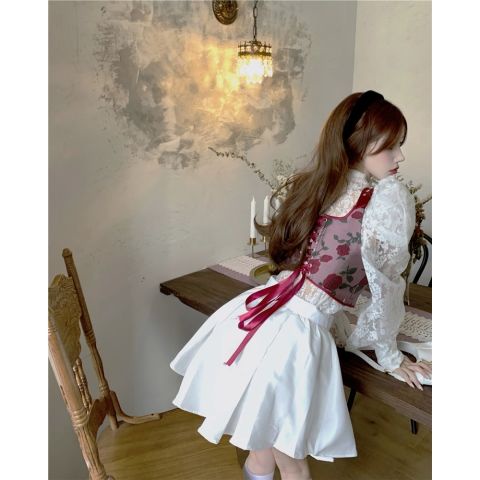 Set áo corset họa tiết hoa hồng+áo sơ mi+chân váy lưng cao thời trang mùa thu phong cách Pháp 2021 trẻ trung