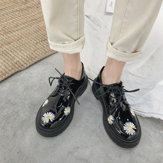 (Order) Giày oxford nữ thêu nhiều hoa cúc đế bằng da li da bóng ulzzang