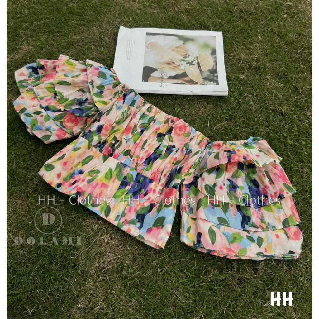 Áo trễ vai hoa nhí nữ croptop tay bồng viền bèo tầng dáng ngắn đi biển ulzzang Hàn Quốc