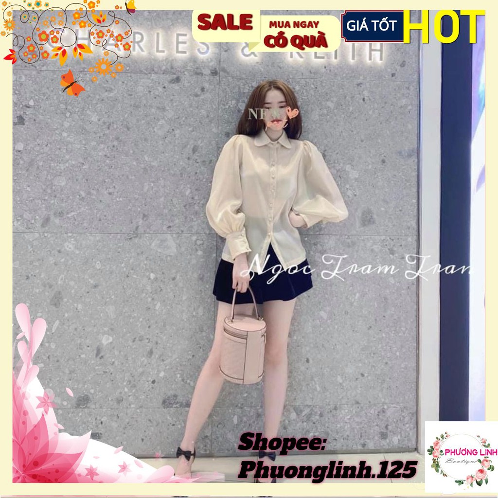 [Mã FAMARAL1 giảm 10K đơn 50K] ÁO SƠ MI MÀU BE CỔ SEN TAY BỒNG
