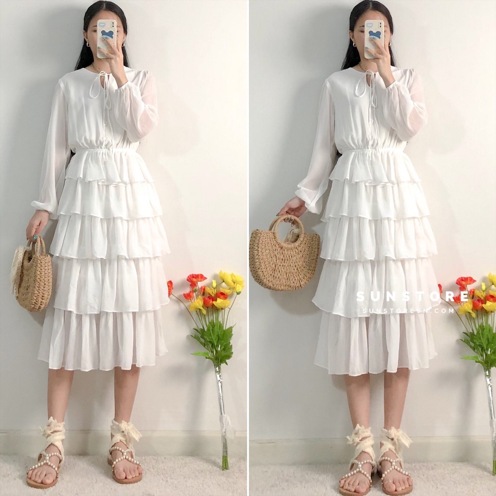 Đầm dự tiệc dáng dài midi váy xoè xếp tầng tay dài bồng nhẹ màu trắng