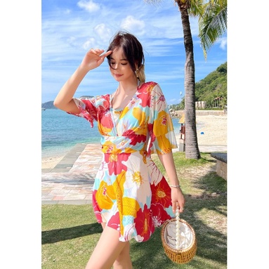 Bộ đồ bơi nữ liền mảnh váy họa tiết hoa chất thun dày đẹp phối lưới xịn size lớn