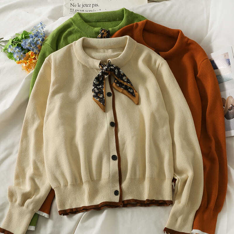 Áo khoác cardigan dáng rộng thắt nơ dập nổi họa tiết cổ điển thời trang thu đông năm 2021 - Hàng mới về