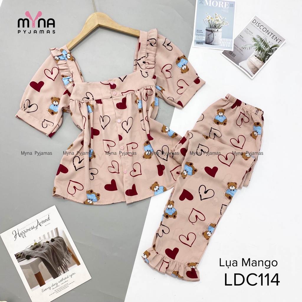 Bộ lụa mặc nhà tay ngắn quần dài cổ vuông, chất lụa mango mềm mịn mát