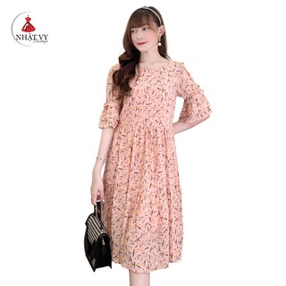 Đầm Nữ NHẬT VY Cổ Tròn Tay Lỡ Phối Bèo Hoa Nhí Chất Liệu Voan Đi Chơi Dáng Suông, Xòe Nhẹ Màu Hồng, Xanh - D1989