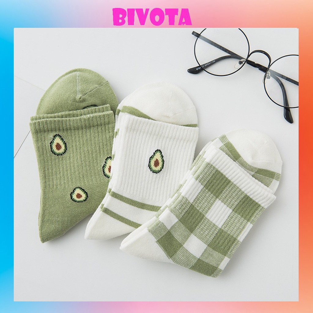 Set 3 đôi tất cao cổ Bivota vớ nữ bơ xanh bơ trắng Hàn Quốc siêu xinh T93