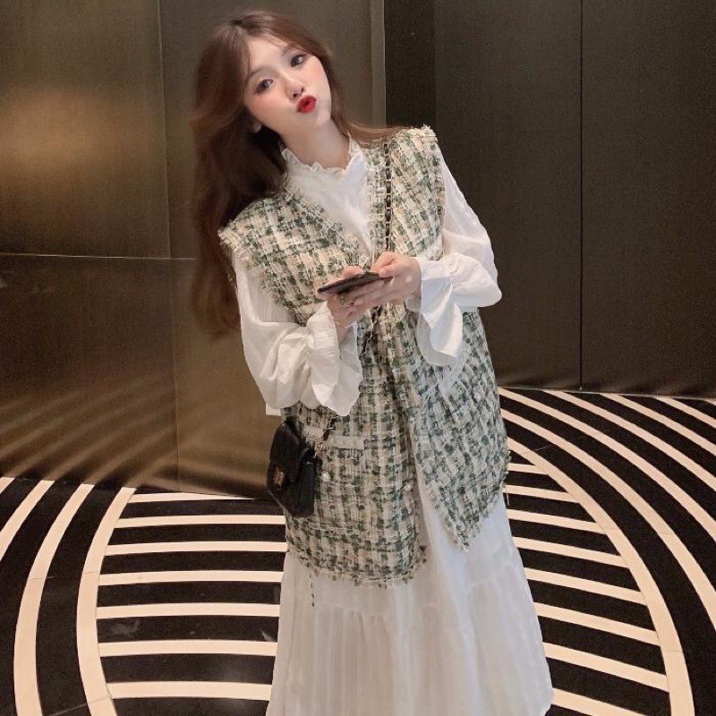 Set áo yếm dạ tweed và váy suông dáng dài