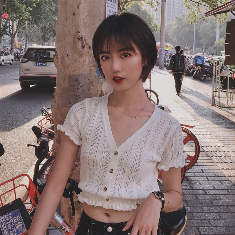 Áo thun len Xiaozhainv dáng ôm ngắn tay cổ chữ V Hàn Quốc