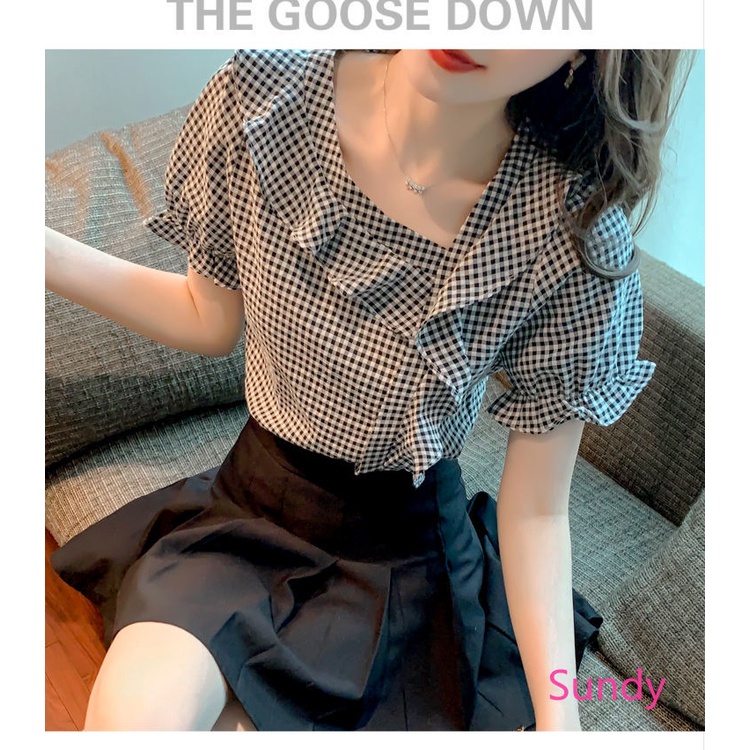 Áo Sơ Mi Chiffon Tay Ngắn Phối Bèo Họa Tiết Sọc Caro Thời Trang Mùa Hè Cho Nữ