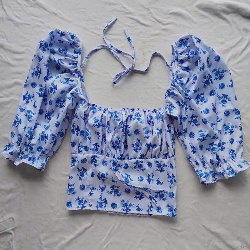 Áo Croptop Tay Phồng Cổ Vuông Họa Tiết Hoa Xinh Xắn Phong Cách Hàn Quốc