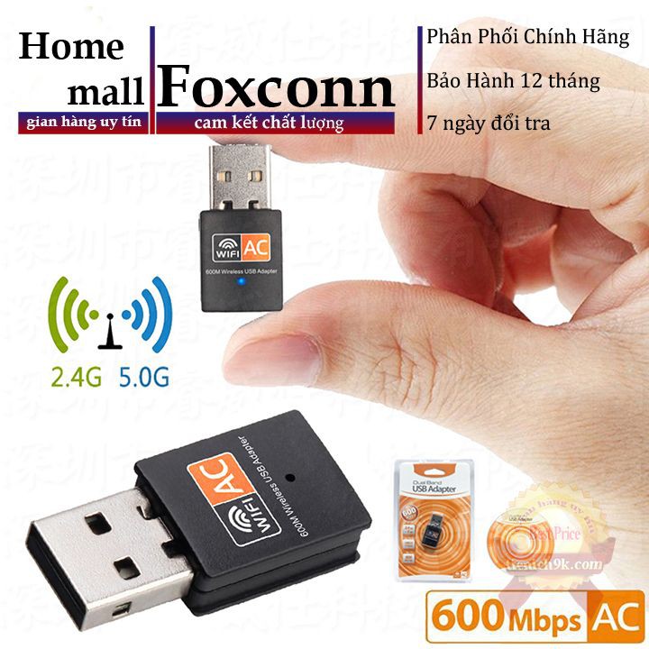 USB thu Wifi sóng 5Ghz băng tần tích hợp ăng ten phát cho PC laptop điện thoại AC600Mbps