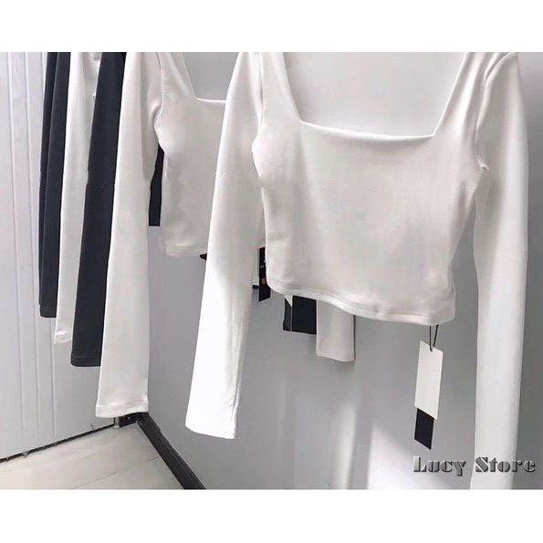 Áo Croptop Cổ Vuông Tay Dài Croptop Dài Tay