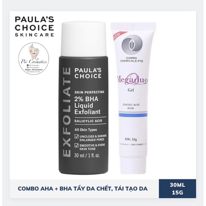 COMBO Paula's Choice BHA 2% [30ml] + Megaduo (AHA) Gel [15g] AHA + BHA tẩy da chết