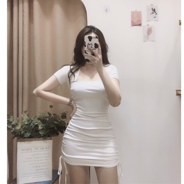 Váy body cổ vuông rút dây 2 bên, Đầm dáng ôm ngắn tay VS1601 - NhiNhi Shop | BigBuy360 - bigbuy360.vn