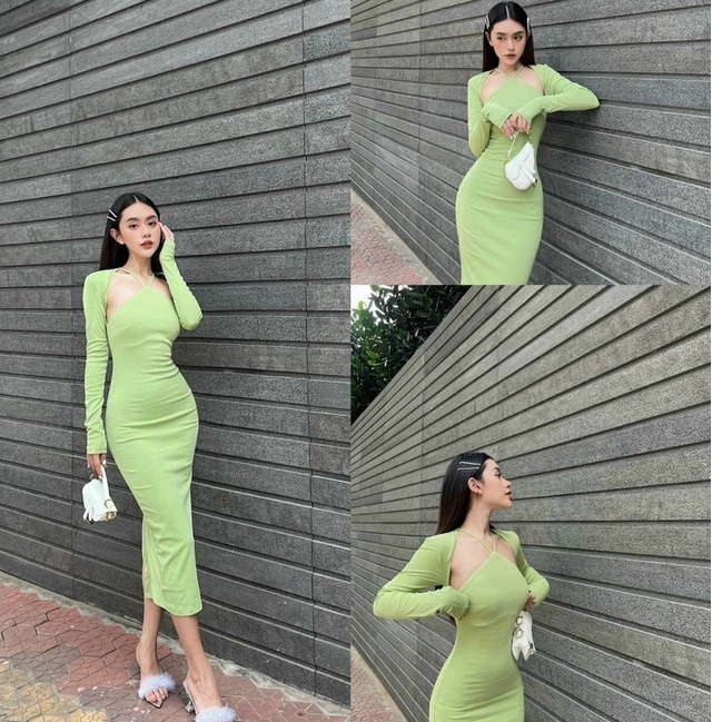 Đầm Dự Tiệc Cổ Yếm Dây tay dài hot hit CUN070 Đẹp Tôn Dáng-Tặng Kèm Áo Khoác Ngoài Siêu Hót