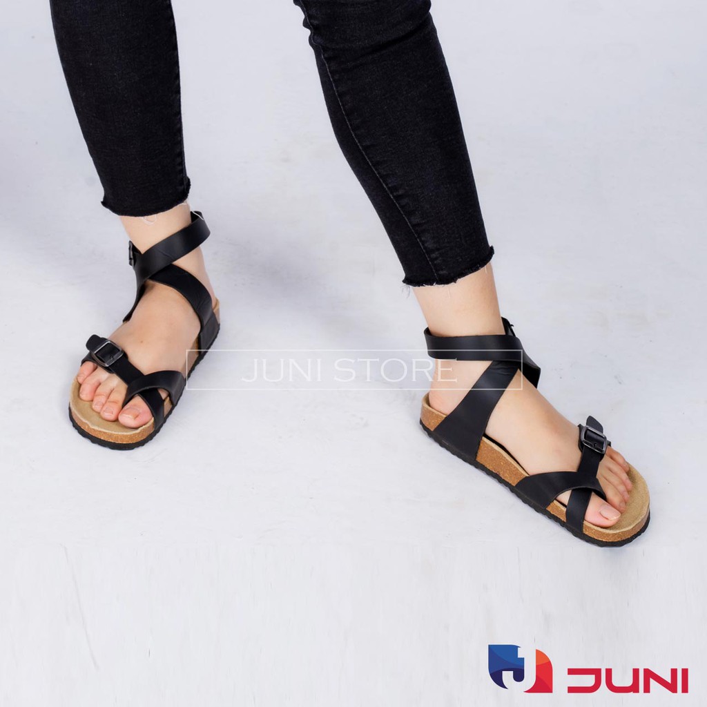 [DA PU/CHỐNG NƯỚC] PU16-Dép da sandal cao cổ Unisex, Màu đen, đế trấu Bioline Birken- Xuất khẩu châu Âu - Juni Store