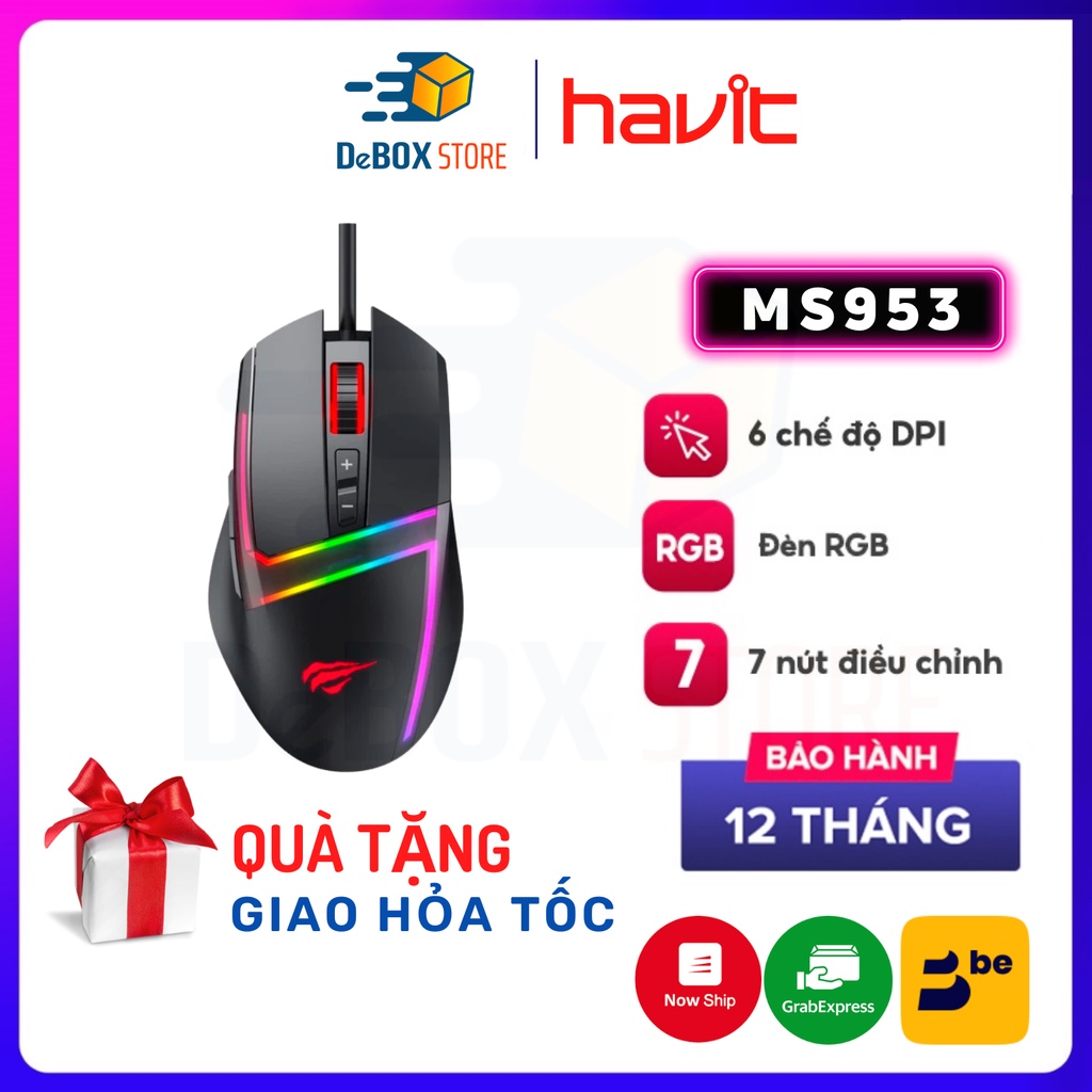 【Giao Hỏa Tốc】Chuột Gaming Có Dây Havit MS953 RGB Blacklit, 6 Chế Độ DPI, 7 Nút Control, 20 Triệu Lần Nhấn - Chính Hãng