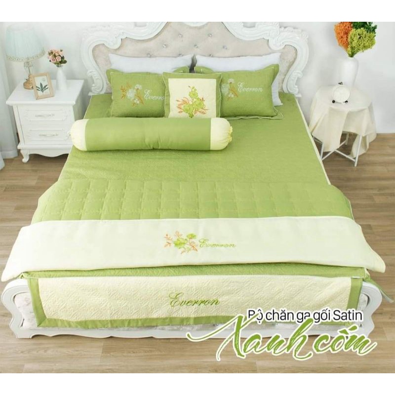 🎀Bộ chăn ga 5 món trần bông satin thêu hoa 🌺