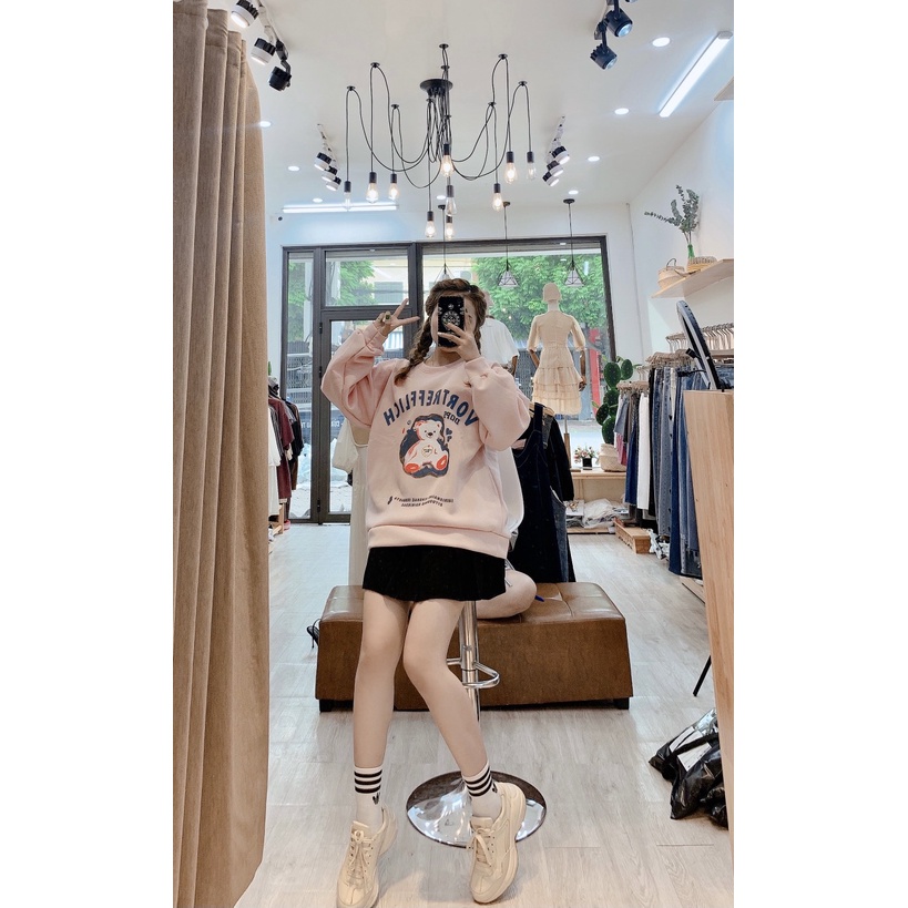 Áo nỉ sweater 2 màu hồng và be in hình gấu siêu xinh[Ảnh thật]