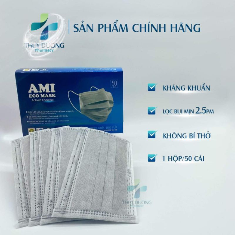 (Hàng có sẵn) Khẩu trang 4 lớp Ami màu xám hộp 50c