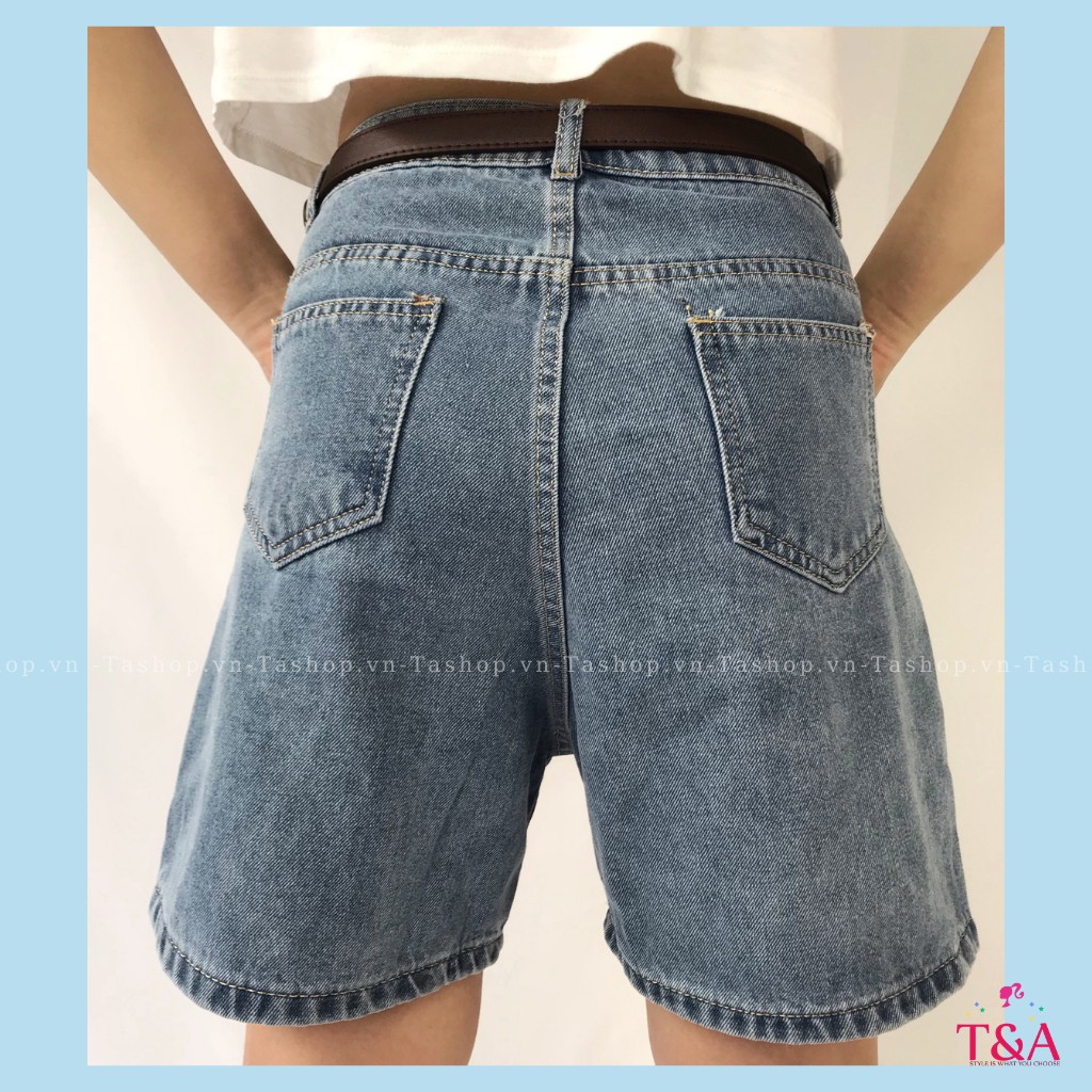 Quần Shorts Jeans Nữ Ống Rộng Túi Vuông Màu Xanh Nhạt Kèm Đai Nhân Cá Tính - 518