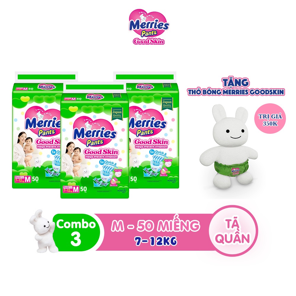 [Mã FMCGKAO52 giảm 8% đơn 250k] Combo 3 Tã quần Merries Goodskin đủ size M50/L44/XL38/XXL28