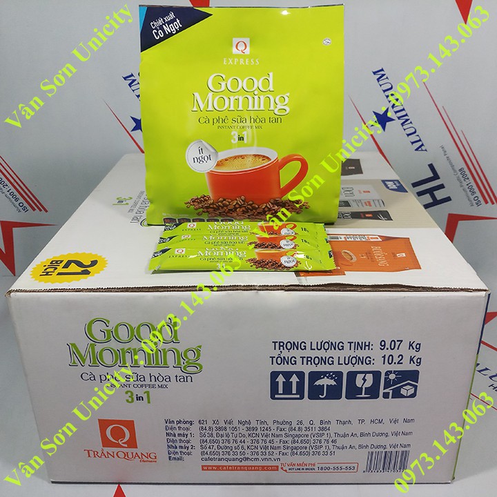 Thùng cà phê sữa ít ngọt Good morning Trần Quang 21 bịch 432g (24 gói dài nhỏ * 18g)