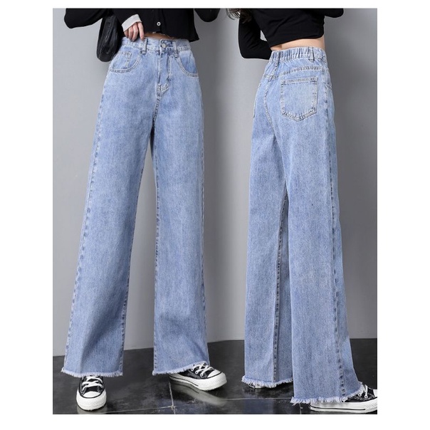 Quần Jeans Cạp Cao Ống Rộng Tua Gấu Cá Tính