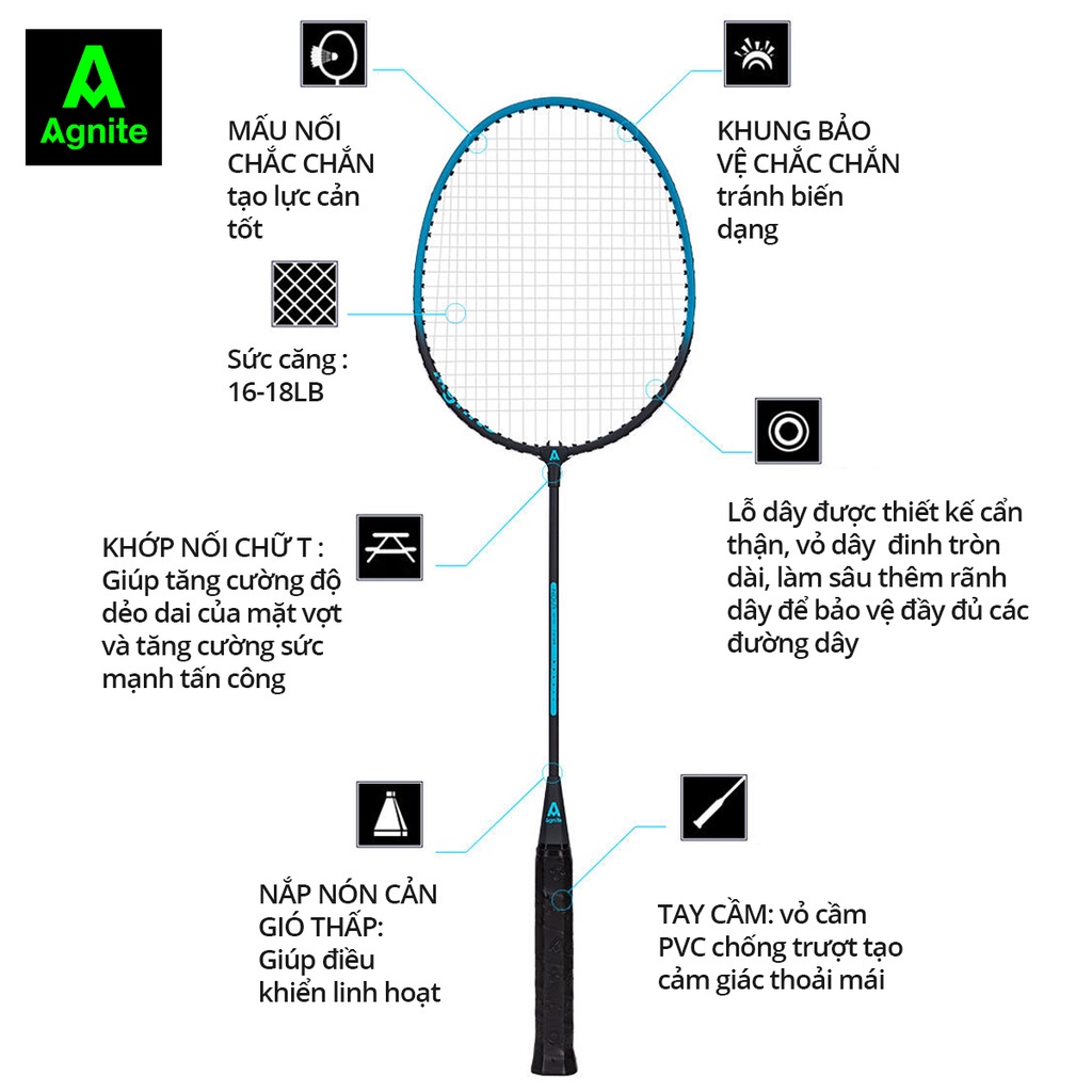 Bộ 2 chiếc vợt cầu lông Agnite chính hãng tặng kèm 3 quả cầu và bao đựng, siêu nhẹ, khung carbon cao cấp