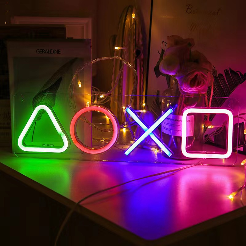 Đèn led neon size lớn tạo hình máy game, tai nghe, Squid Game decor phòng gaming, góc làm việc
