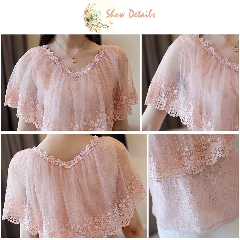 Áo kiểu chiffon phối ren hoa cổ V nữ tính