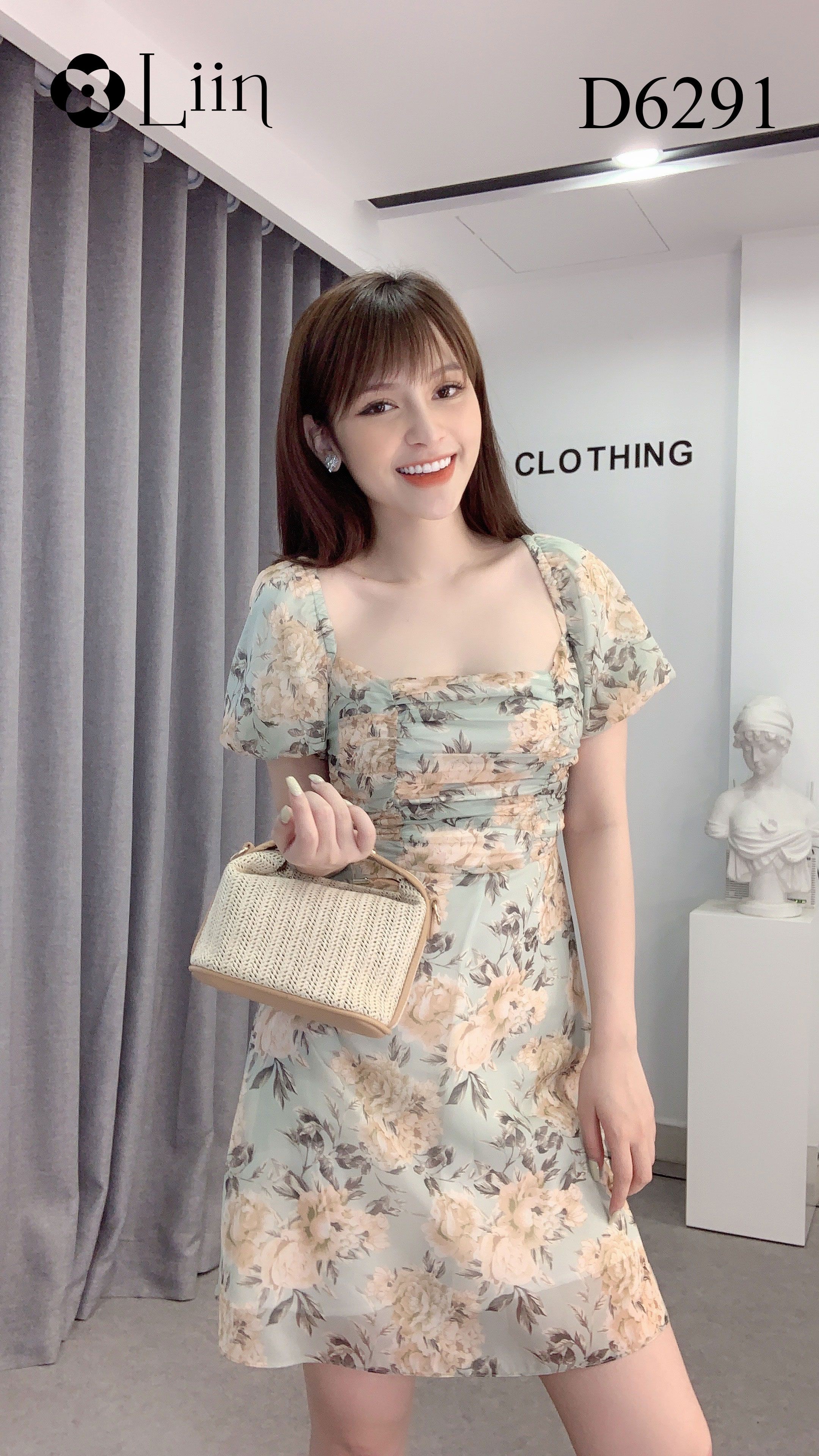 Đầm ôm nữ Linbi họa tiết hoa xanh, vai bồng xinh xắn liin clothing D6291 | BigBuy360 - bigbuy360.vn