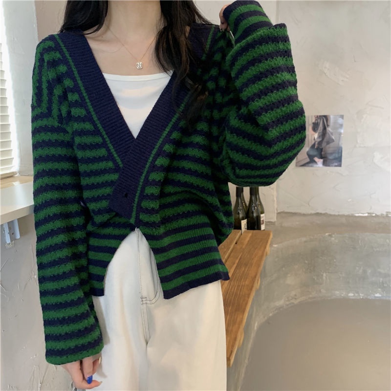 Áo khoác cardigan cổ chữ V dáng rộng họa tiết kẻ sọc màu tương phản phong cách Hàn Quốc | WebRaoVat - webraovat.net.vn