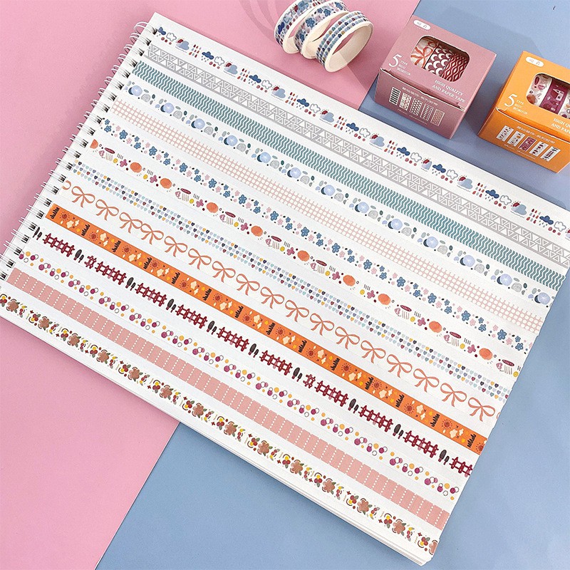 Set 5 Cuộn Băng Dính Giấy, Băng Dính Trang Trí, Washi tape