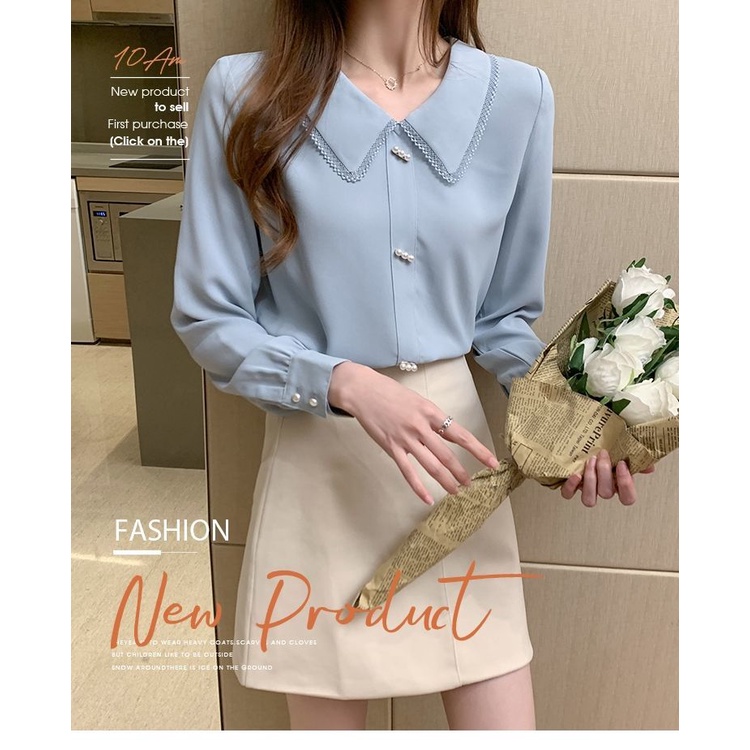 Áo Sơ Mi Chiffon Tay Dài Cổ Búp Bê Phối Ren Màu Xanh Dương Phong Cách Phương Tây Thời Trang Xuân Thu