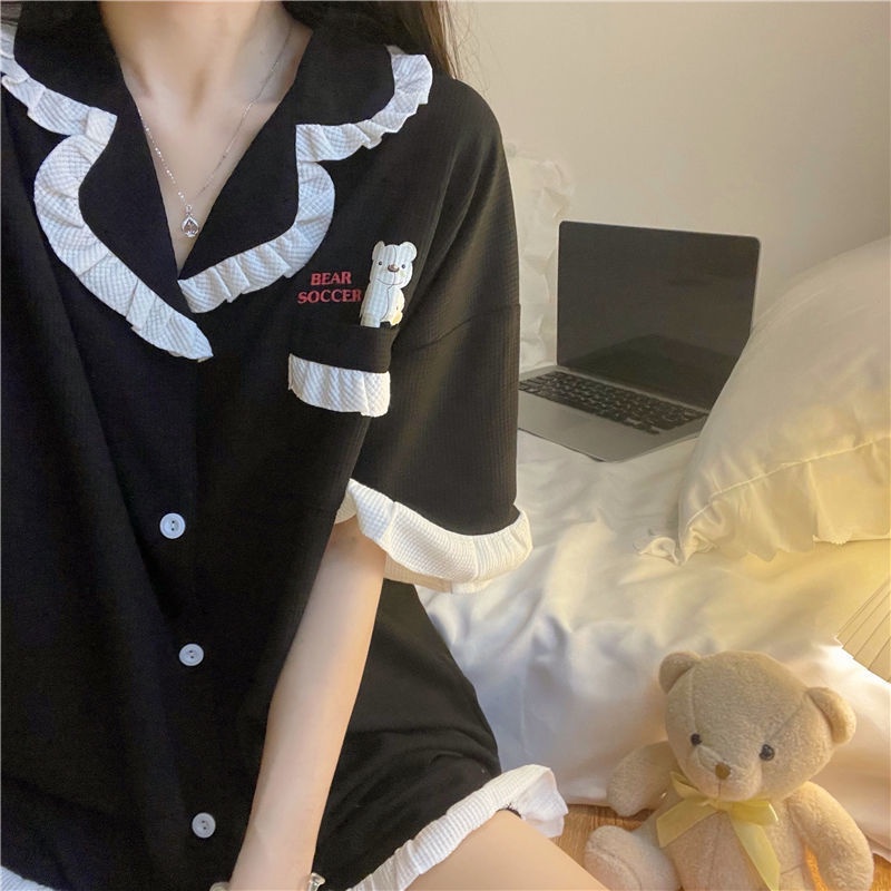 Bộ Đồ Ngủ Tay Ngắn In Hình Gấu Dễ Thương Thời Trang Mùa Hè Cho Nữ