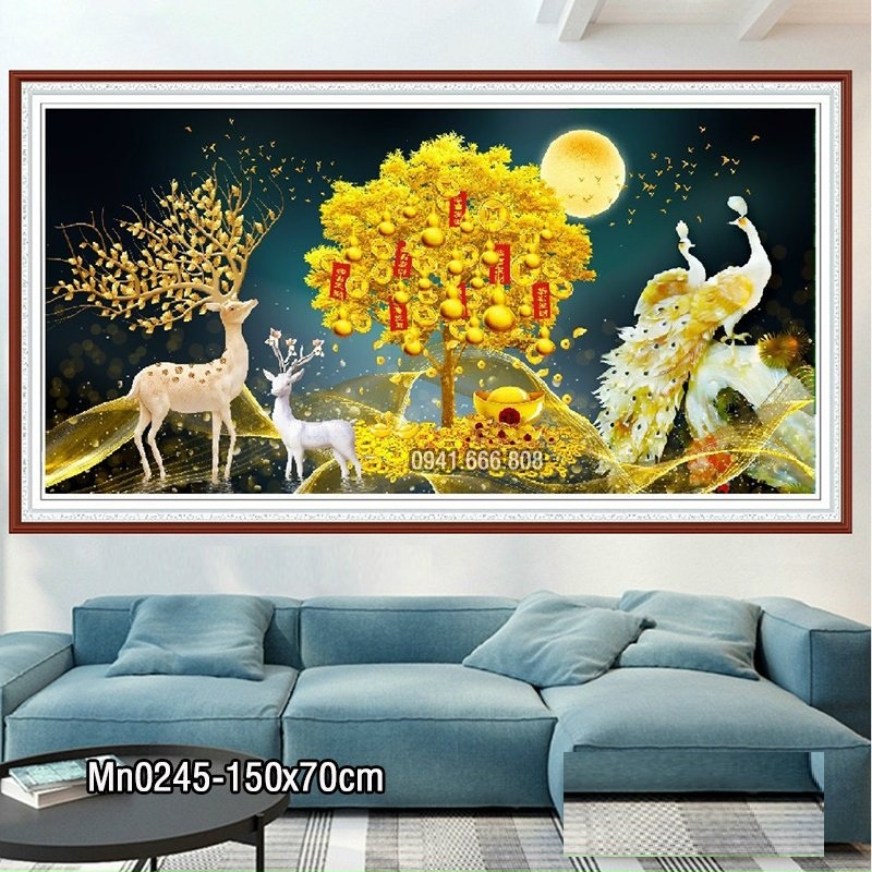 Tranh thêu kín hươu tài lộc KT:150x70cm,tranh chưa thêu,tặng kéo và xỏ chỉ.