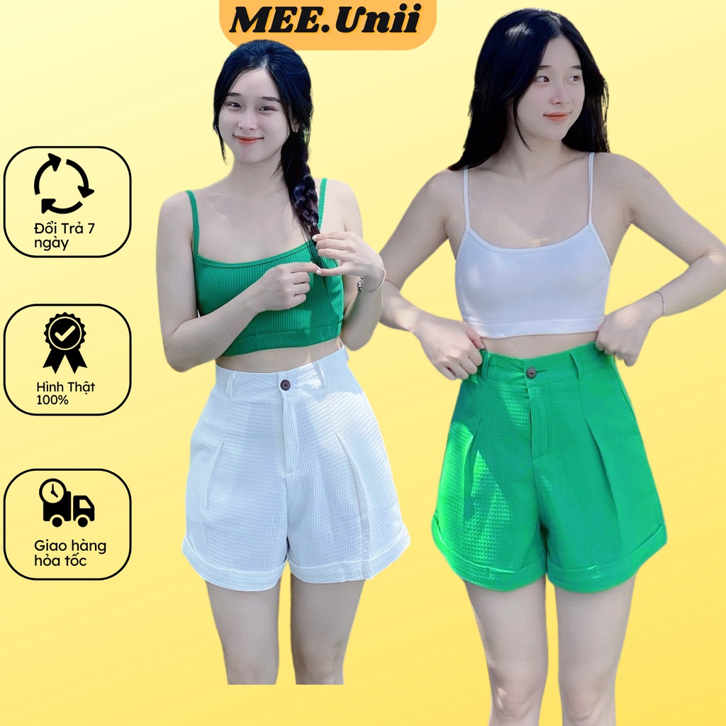 Quần short nữ ống rộng MEE.UNII vải kaki xốp mềm lưng cao đứng form, quần sooc cạp cao trắng đen xanh lá