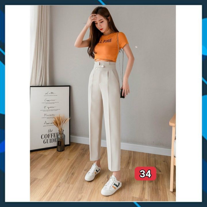 Quần beggy vải tuyết mưa 2 cúc chéo công sở cao cấp, bền đẹp Form suông thoải mái 2 cúc 2 màu trắng đen.34 | BigBuy360 - bigbuy360.vn