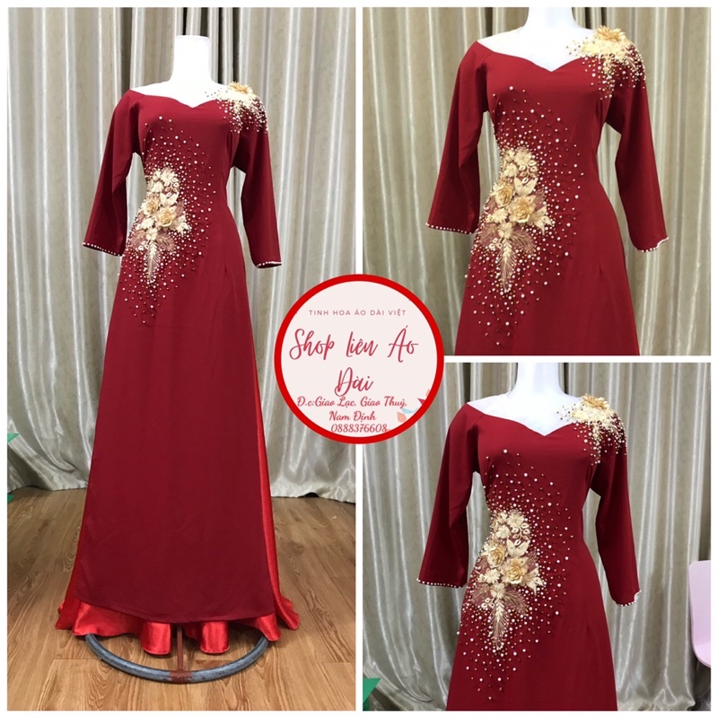 Áo dài đỏ đô đính kết cổ trong phối ren vàng đồng, thiết kế 2 tà, tay lỡ điệu xinh | BigBuy360 - bigbuy360.vn