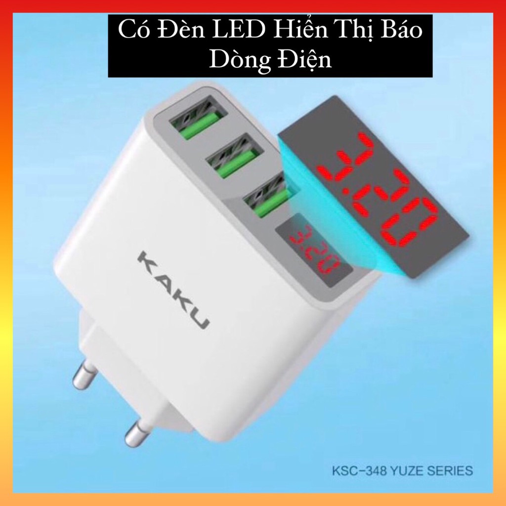 CỐC SẠC NHANH KAKU 3 CỔNG USB 18W CÓ HIỂN THỊ ĐÈN LED BÁO DÒNG ĐIỆN DÀNH CHO MỌI THIẾT BỊ KSC-348