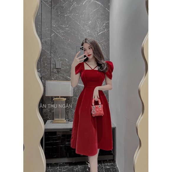 Váy Thiết Kế Nhung Dây Chéo 2 Màu Sang Chảnh Có Ảnh Thật