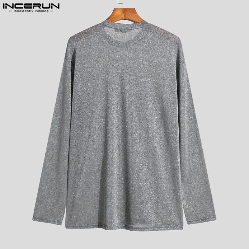INCERUN Áo Thun Tay Dài Cổ Tròn Trong Suốt Sáng Bóng Cho Nam