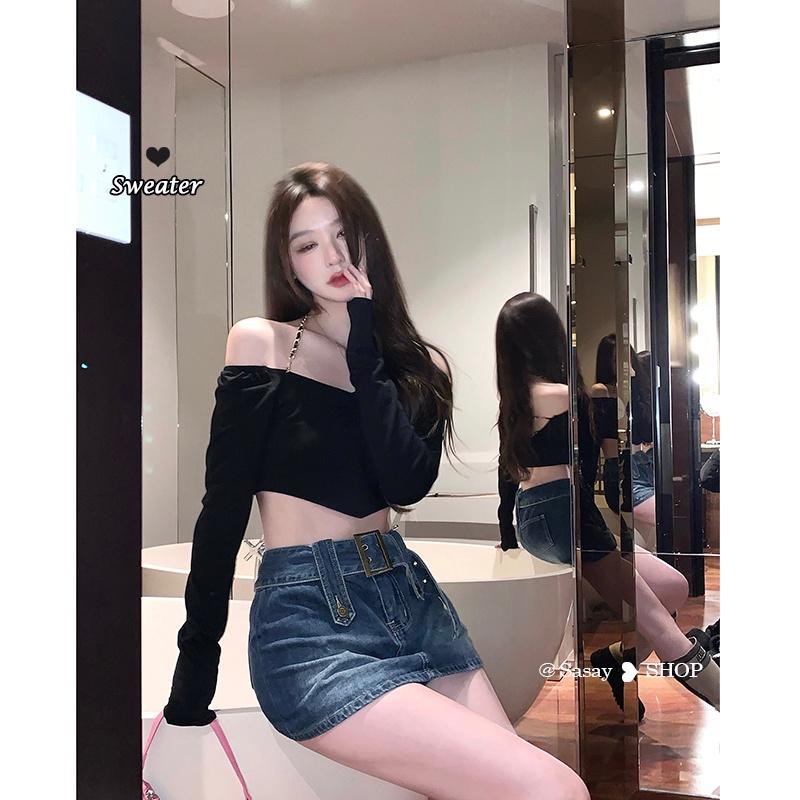 QADCOL  Áo Dệt Kim Tay Dài Hở Lưng Thời Trang Hàn Quốc Quyến Rũ Cho Nữ