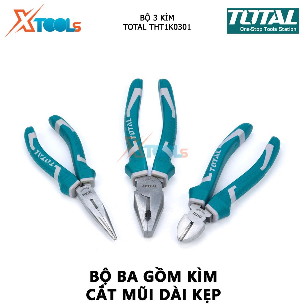 Bộ kìm cắt, kìm điện và kìm mỏ nhọn TOTAL THT1K0301 | bộ 3 kềm cắt, kềm răng và kềm mỏ dài gồm 3 cây kìm kềm răng 8 inch