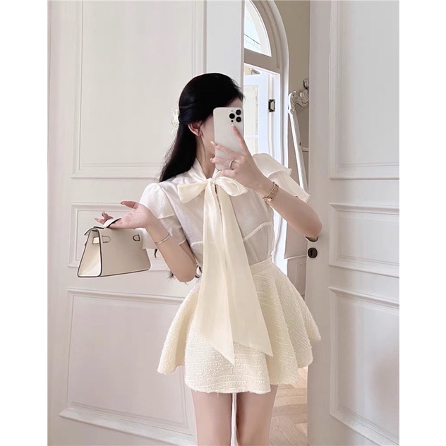 SET ÁO SƠ MI THẮT NƠ TAY TIÊN + CHÂN VÁY KEM
