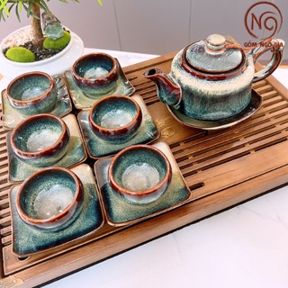 Bộ ấm trà đạo vuông eo thiên mục men hỏa biến, bộ ấm chén gốm sứ bát tràng gốm ngô gia ttg01