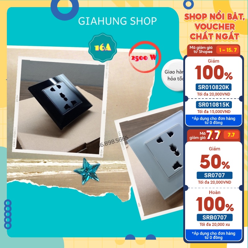 Ổ cắm điện âm tường 3 chấu, ổ điện mặt kính cao cấp hình vuông