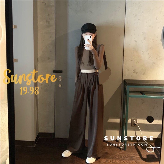 Quần ống rộng suông cài nút và áo croptop form ôm màu nâu ulzzang