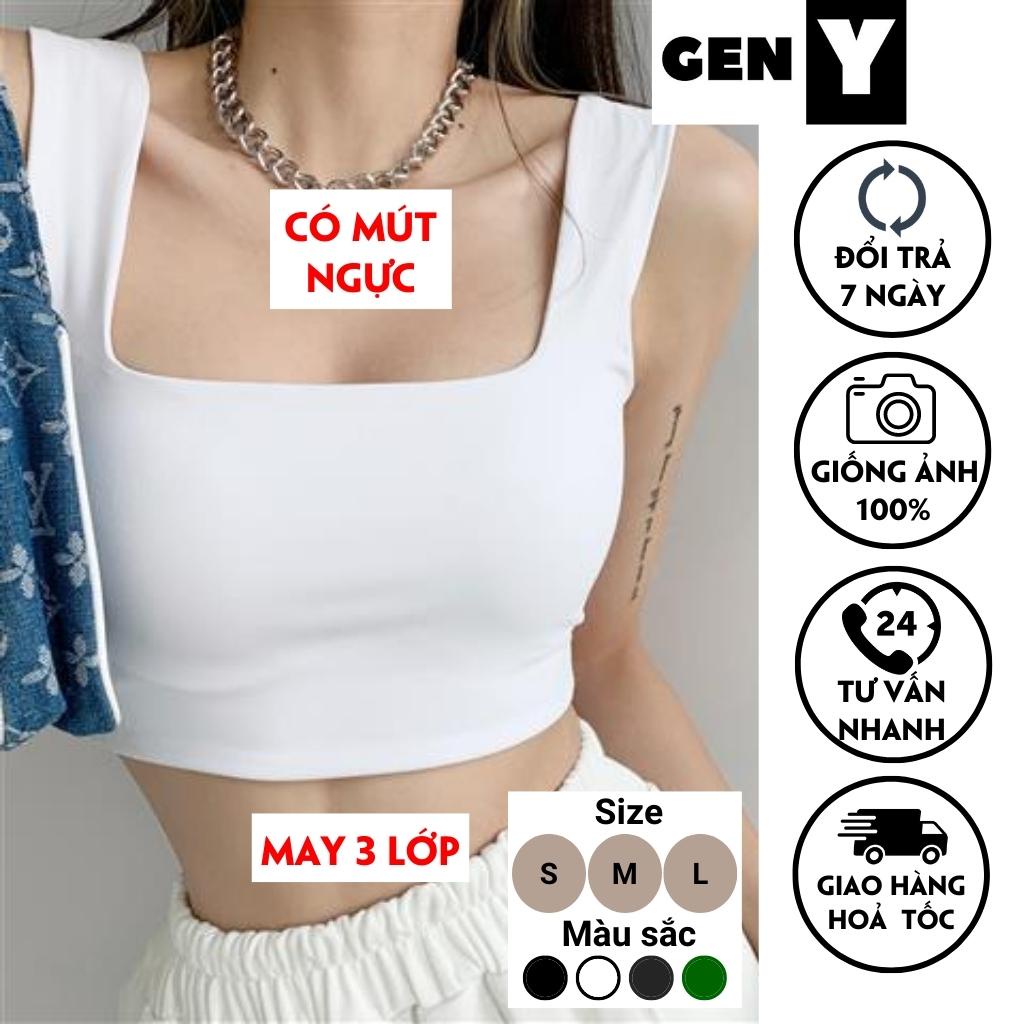 Áo 2 dây bản to có mút ngực cổ vuông GenY Áo croptop hai dây ôm body may 2 lớp vải borip dày dặn co giản tốt